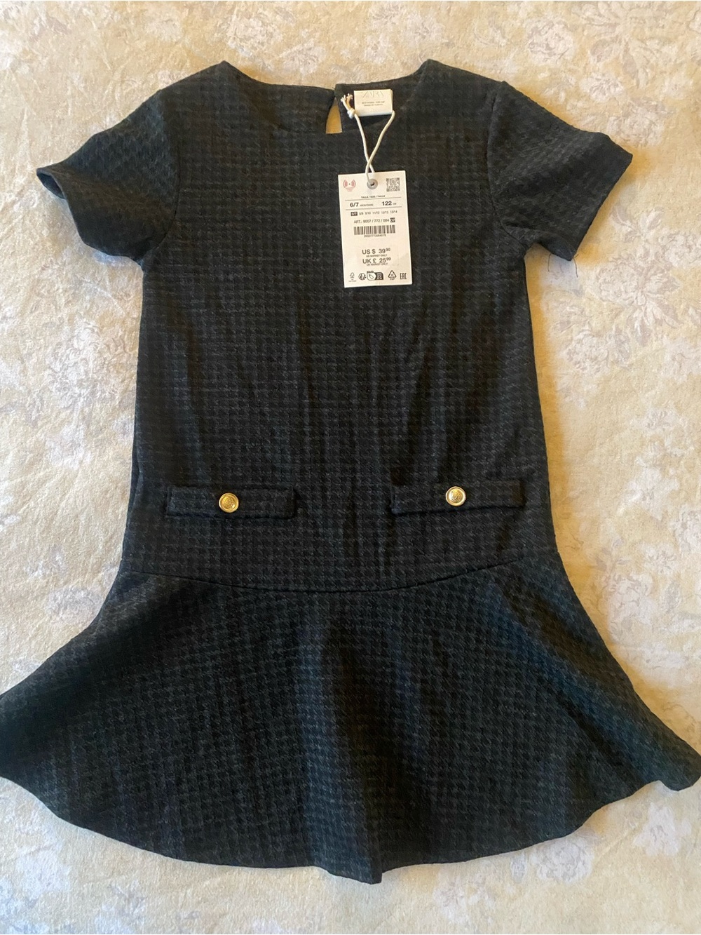 Zara Black Textured Drop-Waist Dress with Gold Buttons